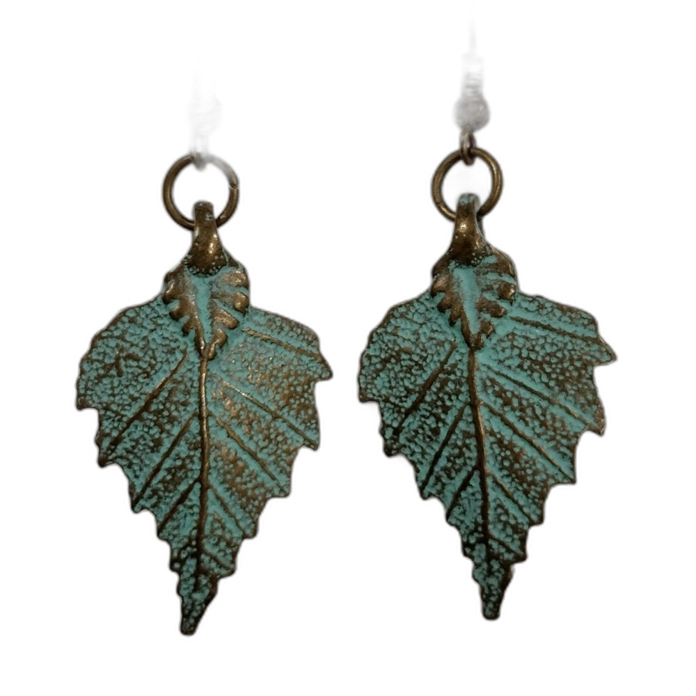 Green Patina Copper Leaf shaped Earrings